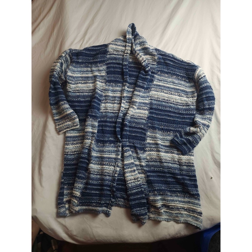 Style &Co Cardigan Sweater Womens Large Blue Striped Knit Shawl Collar Open